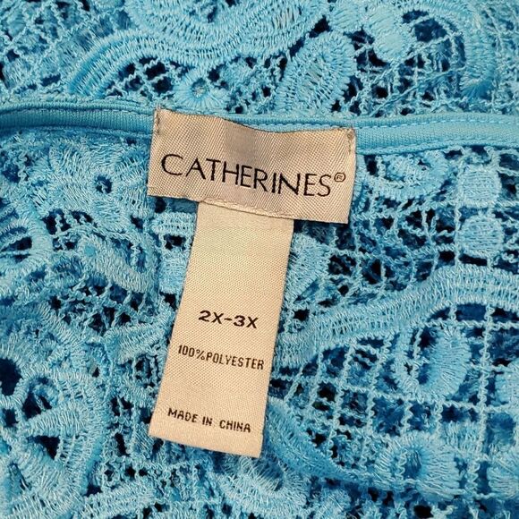 Catherines Sz 2X/3X Turquoise Slipover Open Weave Lace Caftan Blouse Fringe 524 - Picture 9 of 9